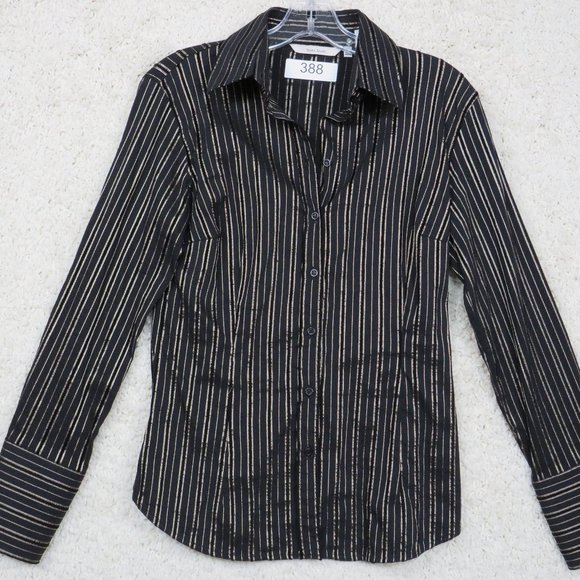 ZARA* Women's Long Sleeve Button Down Shirt Size Large~ Black & Gold Stripes - Picture 1 of 9